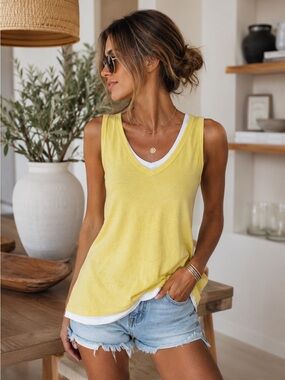 Raffi Double Layer V-Neck Sleeveless Cotton Tank Yellow White Small summer top